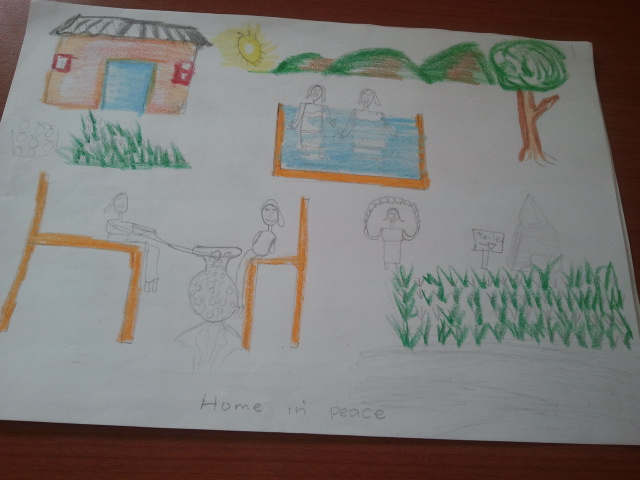 Ugandan child's drawing of peaceful home.
